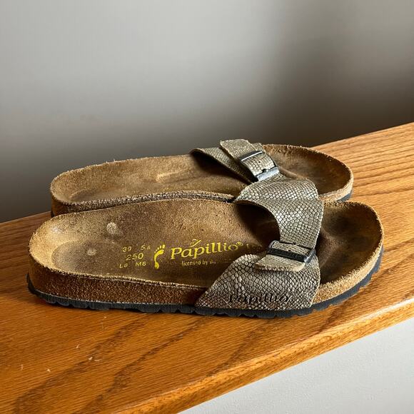 Birkenstock Papillio Madrid Shiny Python Gold Brown Slip‎ On Sandals US 8 EU 39 - Picture 1 of 6